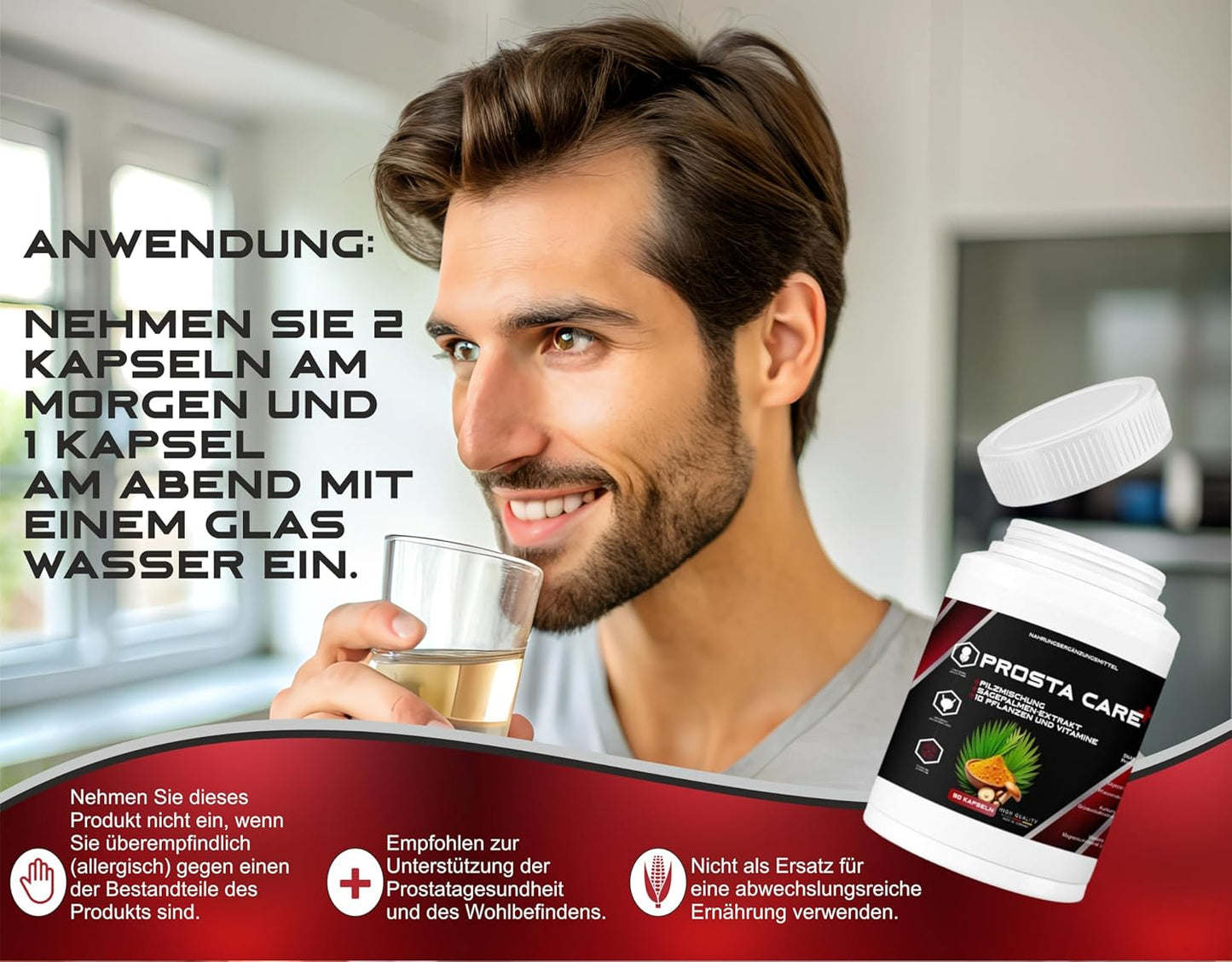 PROSTA CARE PLUS - Kapseln für die Prostata – hohe Dosierung – vollständiger Extrakt aus Sägepalme, Brennessel, Pilzmischung, Pflanzen und Vitaminen, vegan.
