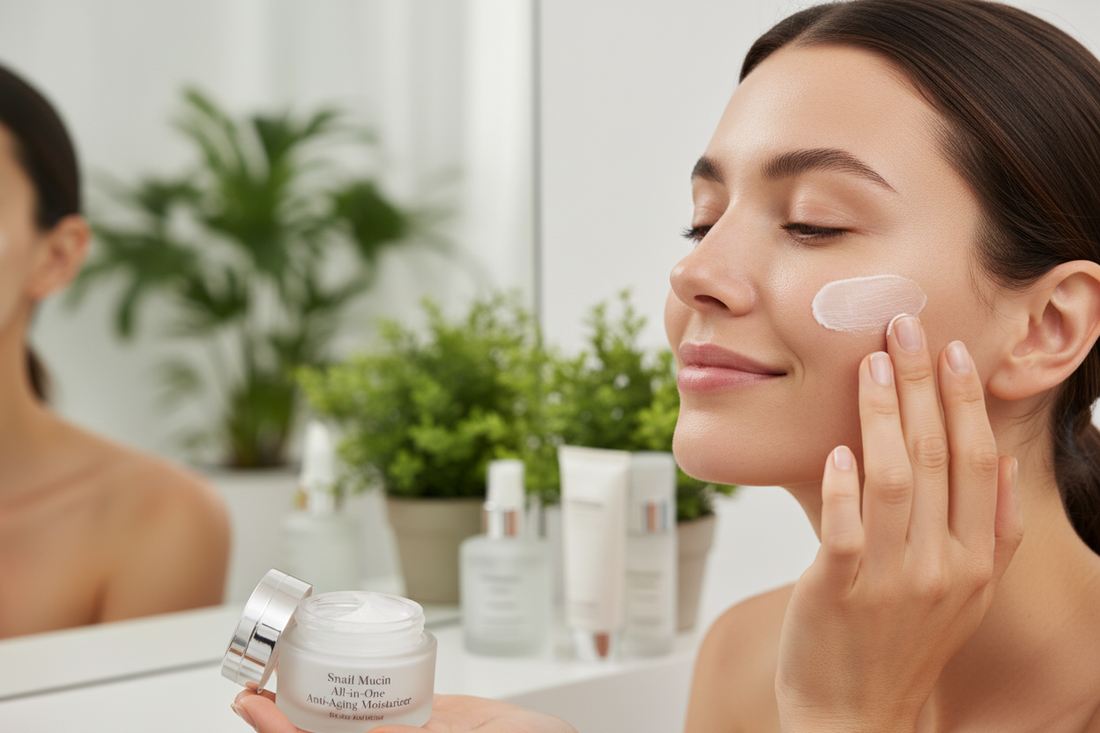 Frau trägt anti-aging feuchtigkeitscreme auf ihr Gesicht auf für jugendliche und strahlende Hautpflege