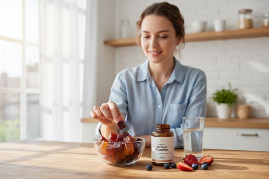 Frau genießt natürliche Energiepräparate in Gummibärchenform mit frischen Beeren für gesunden Energieschub