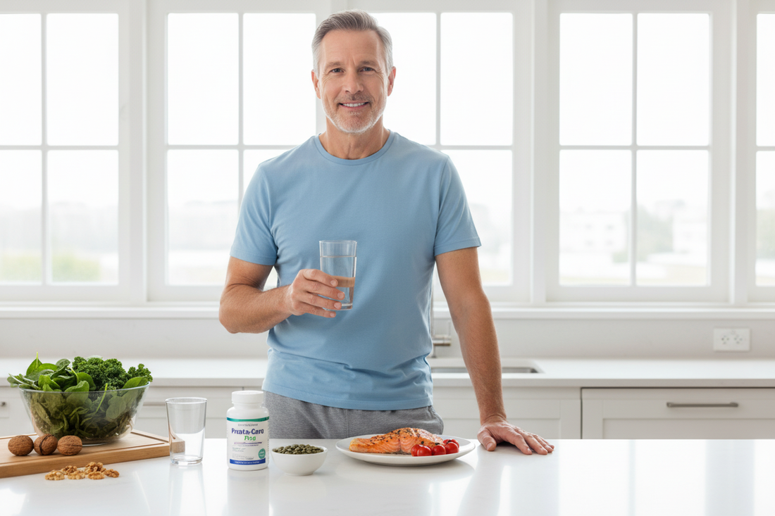 Gesunde Ernährung und natürliche Prostataunterstützung für Männer mit frischem Gemüse und Lachs entdecken