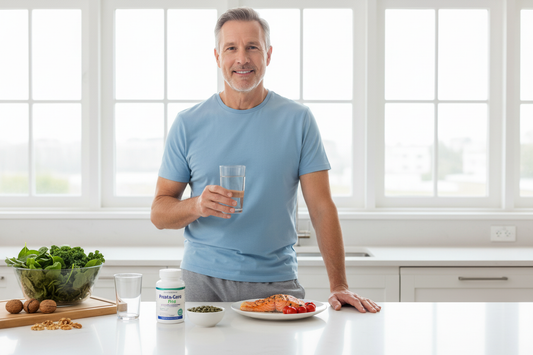 Gesunde Ernährung und natürliche Prostataunterstützung für Männer mit frischem Gemüse und Lachs entdecken