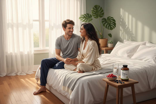 Glückliches Paar im Schlafzimmer genießt Zweisamkeit mit Nahrungsergänzung für sexuelles Wohlbefinden Unterstützung