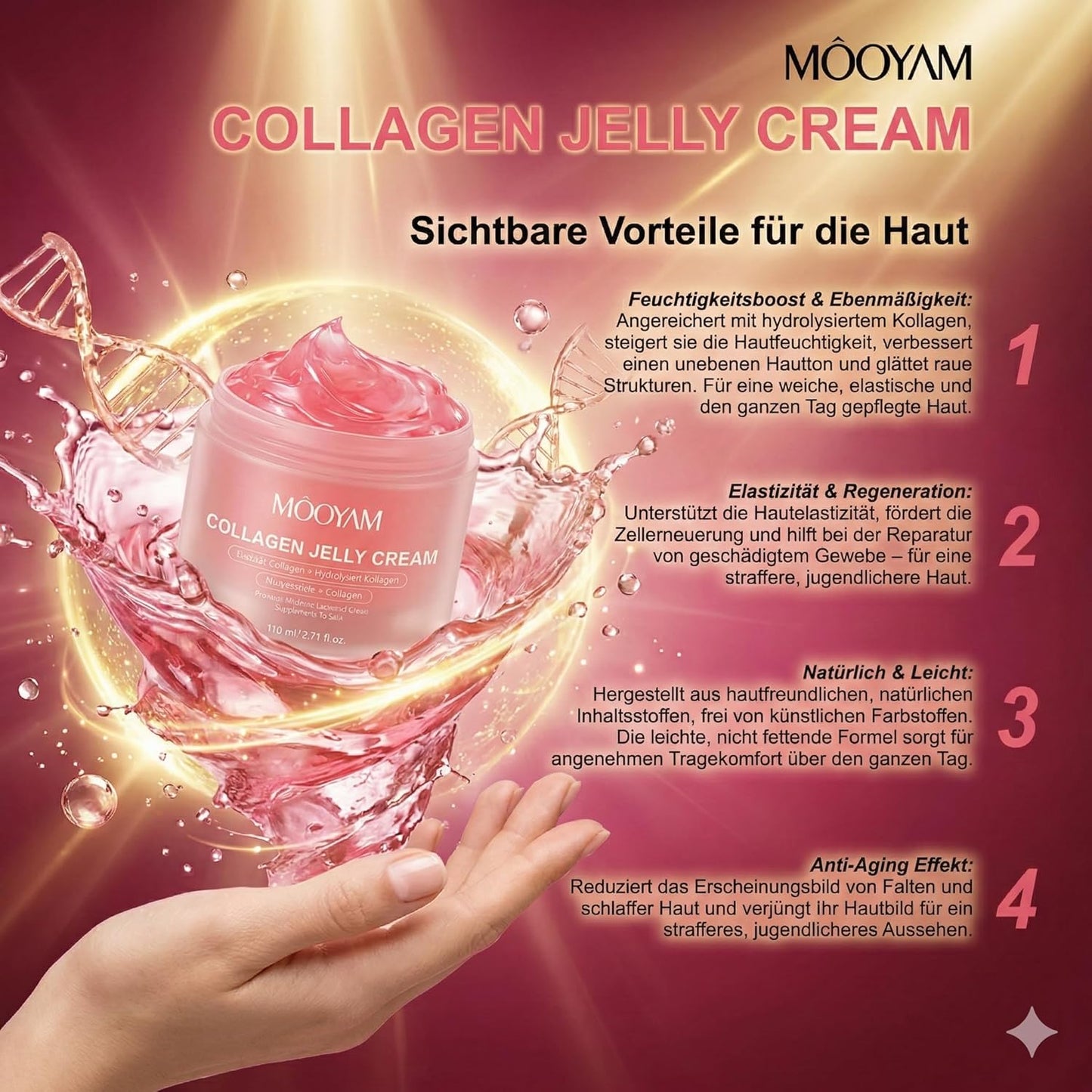 MÔOYAM Collagen Jelly Cream – 110ml Gesichtscreme (doppelte Menge) – Hydrolysiertem Kollagen – Anti-Aging Feuchtigkeitspflege für Elastizität & Geschmeidigkeit – Gegen Falten & Unebenen Hautton