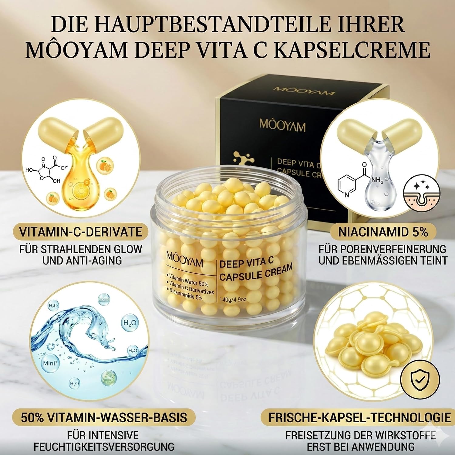 Môoyam Deep Vita C Capsule Cream Gesichtscreme, 140g | Vitamin C, 5% Niacinamid, Feuchtigkeitsspendend, Anti-Aging, Faltenreduzierung