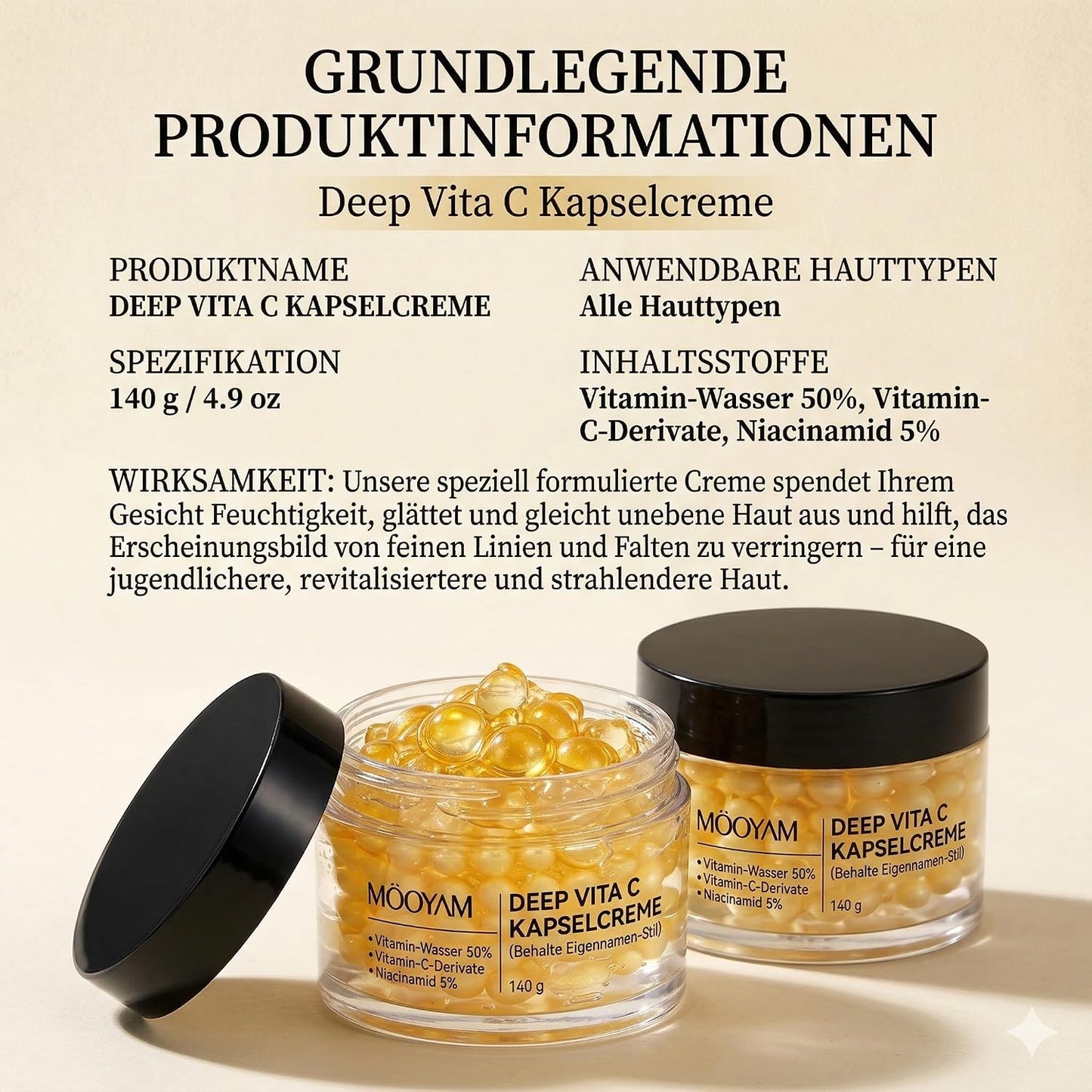 Môoyam Deep Vita C Capsule Cream Gesichtscreme, 140g | Vitamin C, 5% Niacinamid, Feuchtigkeitsspendend, Anti-Aging, Faltenreduzierung